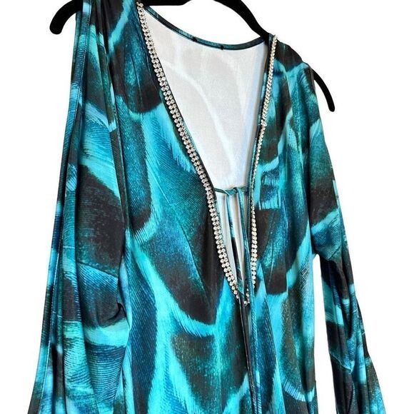 Becca Rhinestone Studded Long Slit Sleeve Turquoise Small Swim Cover Up Tunic - Picture 2 of 3